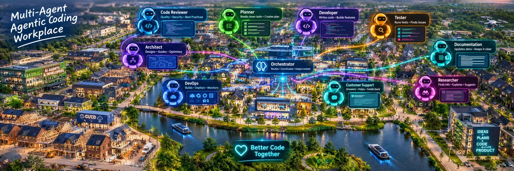 Illustration of a multi-agent agentic coding workplace: code reviewer, planner, developer, tester, architect, documentation, DevOps, customer support and researcher agents around an orchestrator